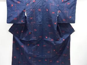 縞に十字絣織り出し手織り紬着物